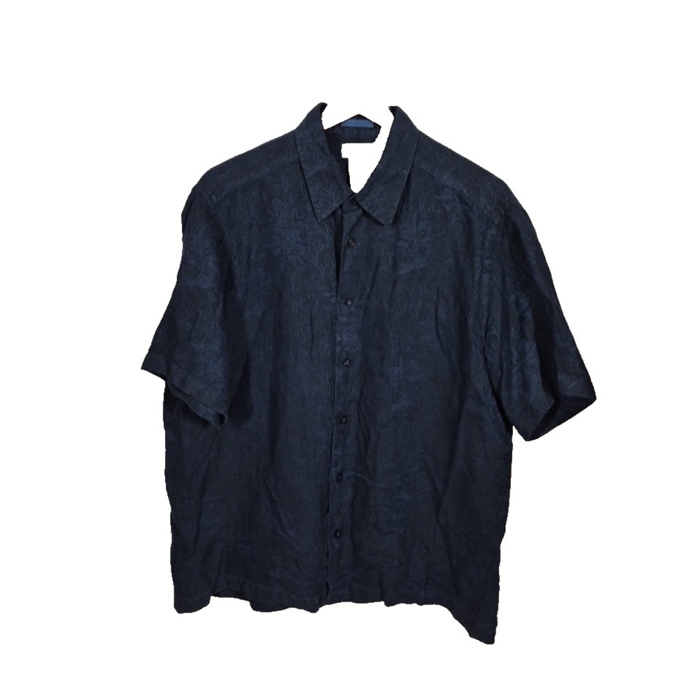 Claiborne Shirt Mens‎ XL Blue Luxe Relief Paisley 100% linen Short Sleeve